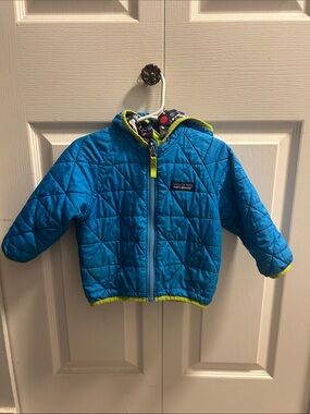 Patagonia Kids Bright Blue Quilted Hooded Puffer with Lime Trim